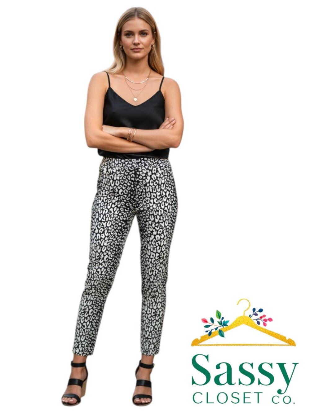 Michael Kors Black White Snow Leopard Pants M Straight Leg Ankle Crop Cheetah